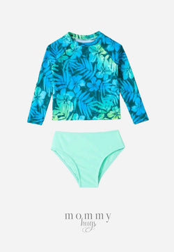 Blue Hibiscus Rash Guard for Young Girls