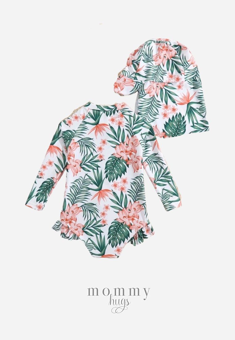 Green Palm Rash Guard with Sun Hat for Baby Girls